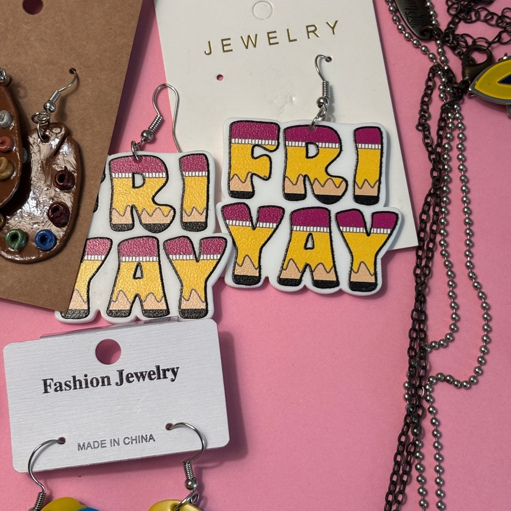 Fun Pierced Earring Lot of 15 and 2 Necklaces Statement Unique Artsy Teacher - Picture 6 of 12